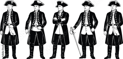 Black and white vector illustration set of colonial naval officers in eighteenth century uniforms with tricorne hats and swords for historical reenactment branding