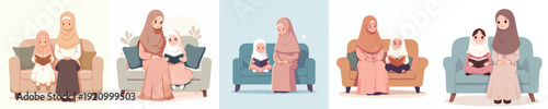 vector of mother and daughter sitting on sofa reading the Qur'an during Ramadan
