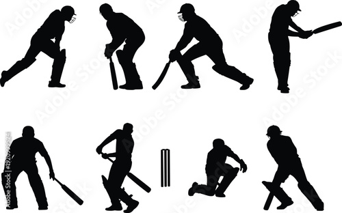Cricket player silhouettes set featuring batsman batting, bowling and fielding poses, black vector illustration isolated on white background