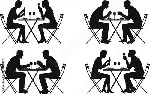 Black vector silhouette set of various couples having romantic dinners at restaurant tables with wine for date night and relationship branding
