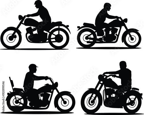 Motorcycle rider silhouettes set featuring classic chopper and cruiser bikes, black vector illustration isolated on white background