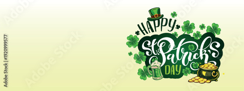 Saint Patricks Day Lettering Design with Shamrock Clover Leprechaun Hat Beer and Gold Irish Holiday Greeting Card Illustration