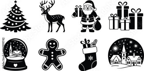Christmas icons set with Santa Claus, reindeer, winter snow globe, gingerbread man, holiday gifts, festive stocking, and snowy village landscape vector illustration