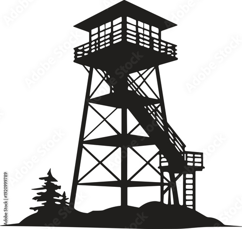 Fire lookout tower silhouette on hill with trees isolated on white background rustic wooden observation structure vector
