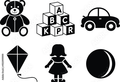 Set of black silhouette baby toy icons including teddy bear, alphabet blocks, car, kite, doll, and ball for nursery education and childhood design