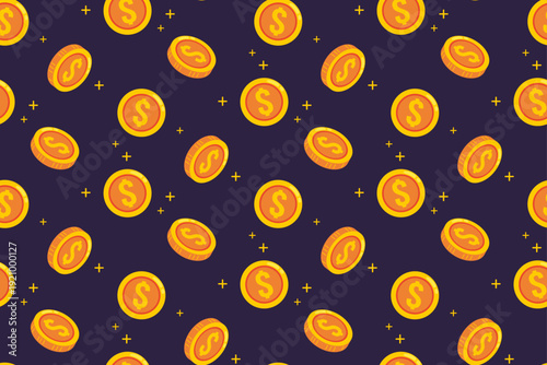 Seamless Gold Dollar Coin Pattern on Dark Purple Background