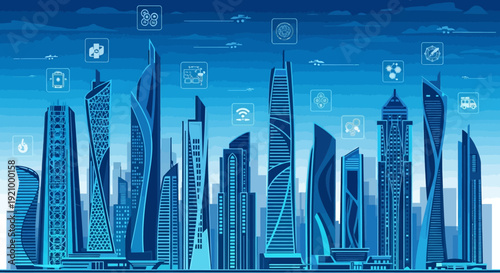 Futuristic Cityscape with Skyscrapers and Icons.