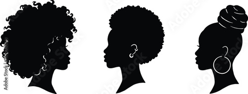 African woman silhouette collection with natural afro hairstyles, black female profile icons isolated vector illustration for beauty design