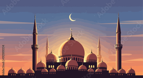 Mosque Silhouette at Dusk with Crescent Moon.