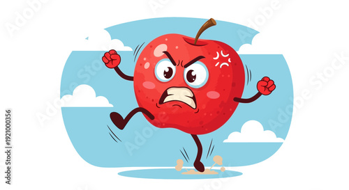 Angry Red Apple Character Stomping with Rage, Cartoon Style