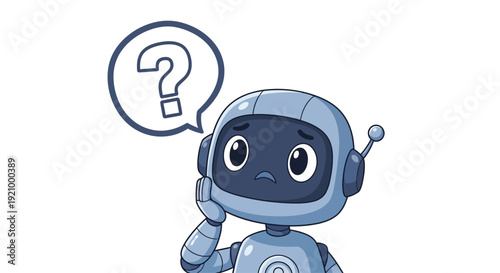 Confused robot with question mark in speech bubble, thinking, problem solving, artificial intelligence concept