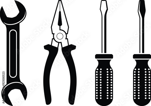Vector illustration of essential hand tools including wrench, pliers, and screwdrivers, perfect for hardware store branding, DIY repair projects, and construction industry concepts