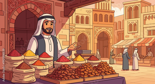 Middle Eastern Spice Merchant Selling Herbs.