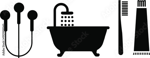 Bathroom hygiene icons set with shower bathtub toothbrush and toothpaste silhouettes isolated on white background for health care design