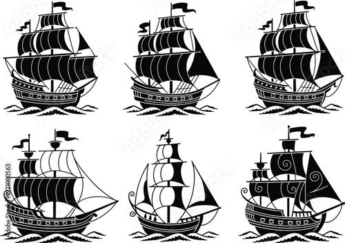Vintage sailing ship silhouette collection, antique nautical galleon icons, old maritime vessel illustrations, pirate caravel boat sketches, black vector sea transport design elements
