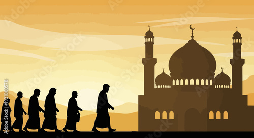 Muslims Walking Towards Mosque Silhouette.