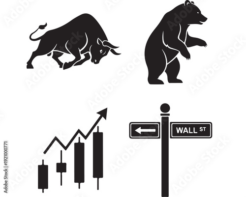 Bull and Bear Market Symbols with Stock Chart and Wall Street Sign.