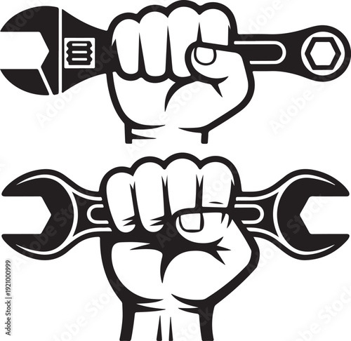 Two black and white vector illustrations of a human hand clenching a wrench, one an adjustable wrench and the other a double open-end wrench, isolated on a white background.