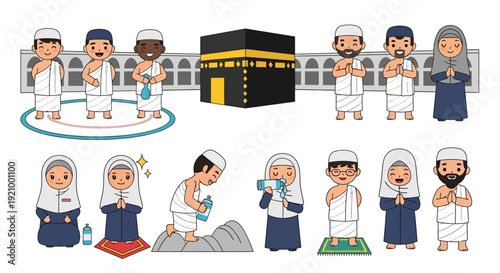 Pilgrims performing rituals at the kaaba religious symbolism vector illustration