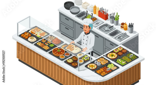 Chef presenting various dishes at a commercial food counter illustration