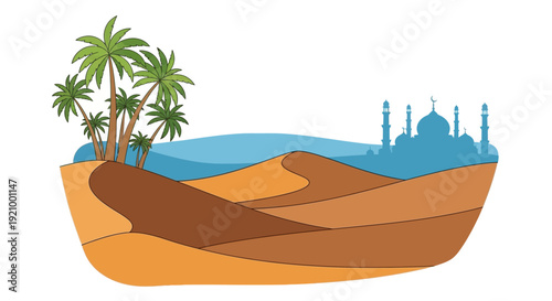 Desert oasis illustration with palm trees sand dunes and silhouetted buildings