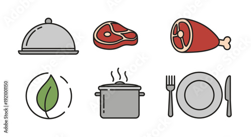 Assorted food illustrations meat dishes and vegetarian leaf symbol