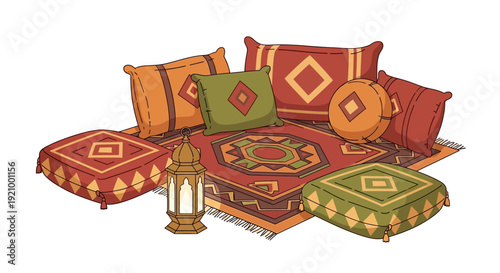Illustration of colorful pillows and a rug with a lantern against a white backdrop