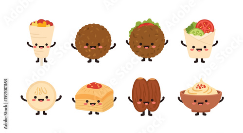Cartoon food characters illustration assorted set isolated white background