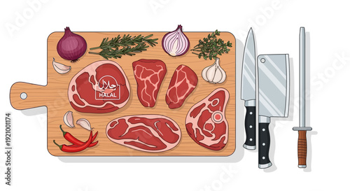 Fresh raw meat cuts on wooden board with cooking tools illustration