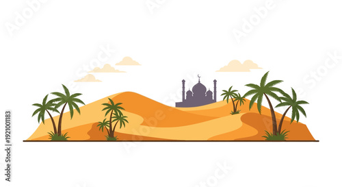 Desert landscape illustration with palm trees and silhouette building