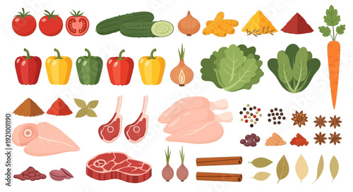 Fresh vegetables and meat ingredients for cooking and culinary projects