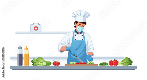 Chef preparing food with mask and gloves on kitchen countertop