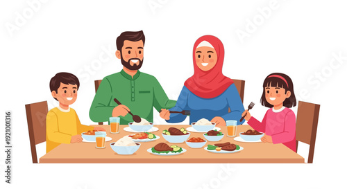 Family enjoying a meal together at a table vector illustration