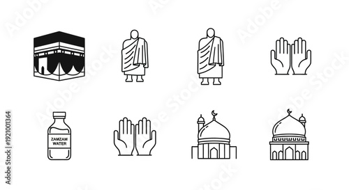 Religious icons mosque kaaba people praying vector illustration set
