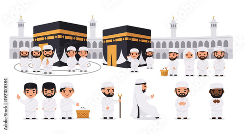 Islamic pilgrimage illustration with kaaba and people in white robes cartoon style