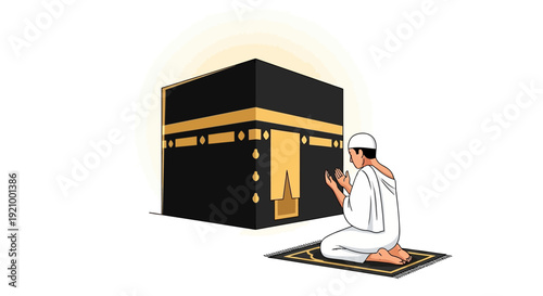 Islamic illustration person praying near kaaba vector art for design needs