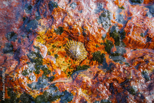 Alien Landscape: Limpet Clinging to Red and Orange Rocky Shore with Green Algae