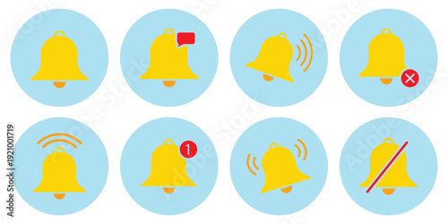 Notification bell icon set. Alarm symbol. Incoming message symbol. Bell for subscribe, alarm and push chat alert. New notification, reminder. Golden bell shakes to alert you to an upcoming scheduleEPS