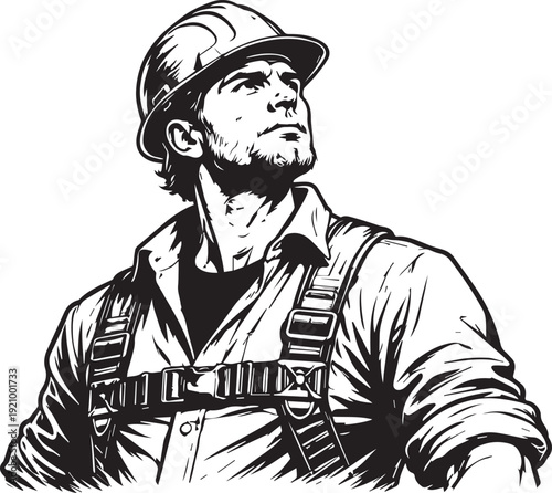 Focused construction worker gazes upwards, wearing hard hat and harness against stark black background