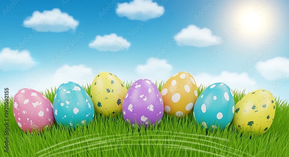 Fototapeta premium Colorful Easter eggs in grass under sunny blue sky with clouds