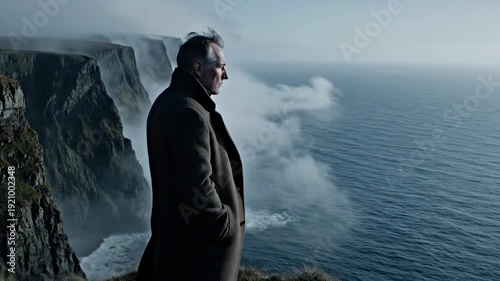 A man sitting on the edge of the cliff looking into the sunset lake. A concept of old age and loneliness