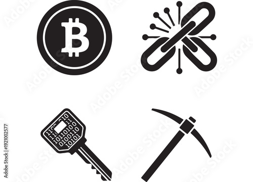 Bitcoin Cryptocurrency Mining and Security Icons Set.