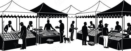 Farmers market silhouette scene, outdoor fruit and vegetable stalls with shoppers, black and white vector illustration marketplace concept