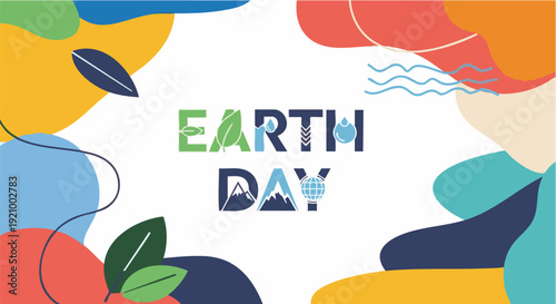 Earth Day illustration in colorful abstract style with vibrant colors and playful typography for environmental awareness