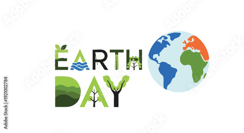Earth Day logo with green earth illustration in vibrant colorful typography for environmental awareness campaign
