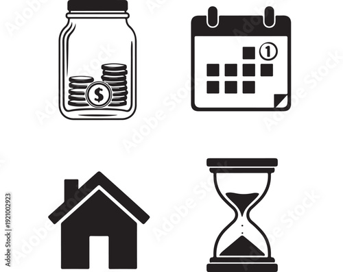 Four Icons Representing Finance Time Home and Savings.