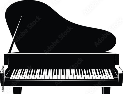 Grand piano silhouette vector illustration, classic musical instrument with keyboard isolated on white background, elegant black design artwork