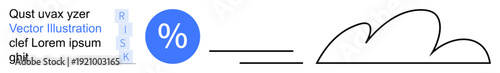 Data analysis, risk management, cloud computing, financial metrics, cybersecurity, data connectivity. Percentage symbol with cloud and text elements. Risk management and data analysis concept