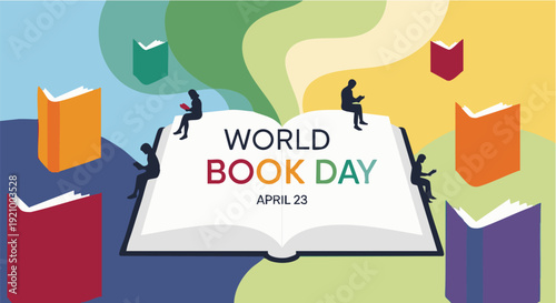 World Book Day celebration with colorful books and open book in bright vibrant colors for education