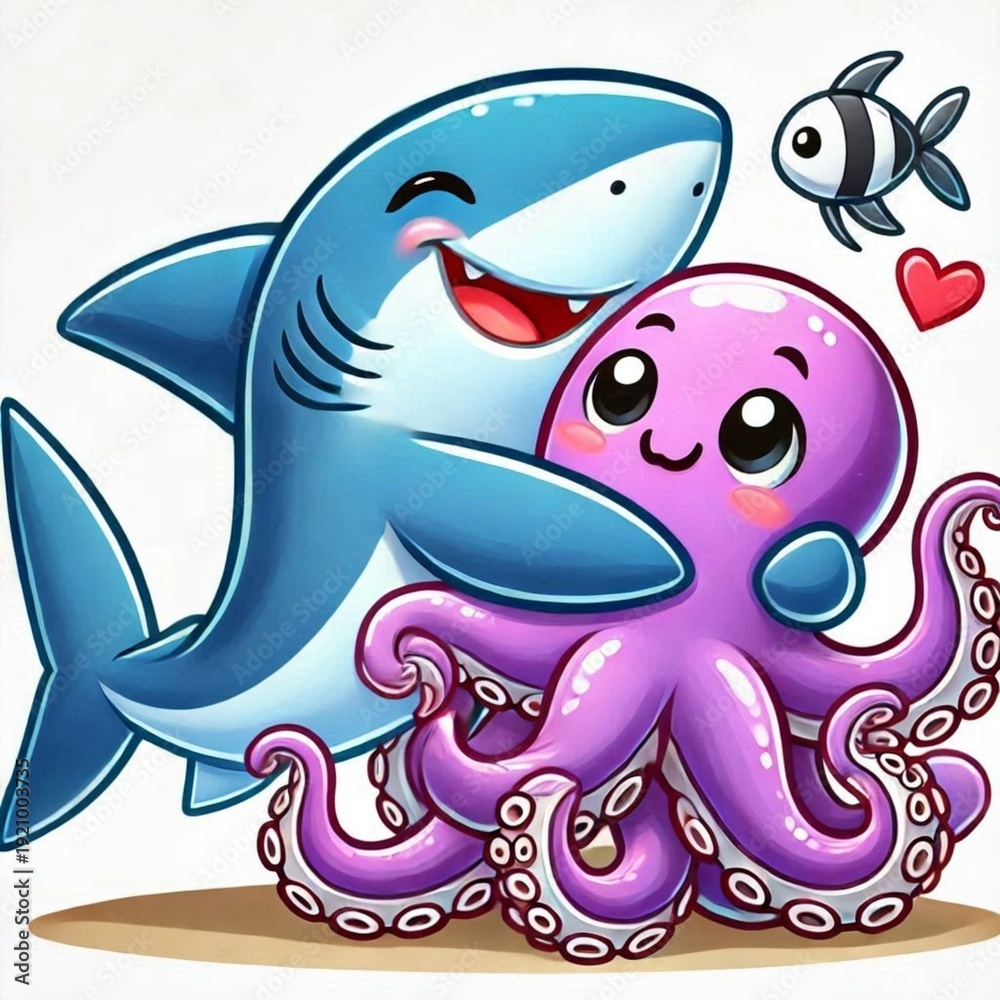 Fototapeta premium Cute cartoon shark and purple octopus hugging in a friendly underwater scene.
